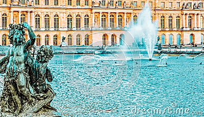 VERSAILLES, FRANCE - JULY 02, 2016 : Ponds Water Parterres, statues in front of the main building of the Palace of Versailles, Editorial Stock Photo