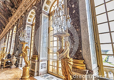 Versailles, France - March 14, 2018: The Hall of Mirrors Galerie des Glaces of the Royal Palace of Versailles in France with Editorial Stock Photo