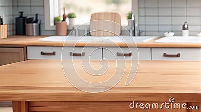 Versatile Display: Empty Wooden Table on Blurred Kitchen Bench Background. Stock Photo