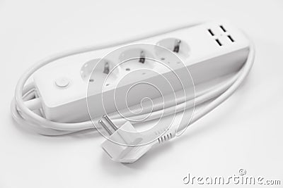 a versatile modern white extension cord with sockets and usb ports Stock Photo