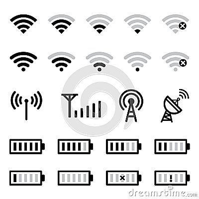 Mobile signal, Wi-Fi, and battery icons, perfect for tech, UI, and digital design projects Vector Illustration
