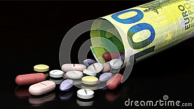 Various pills and euro bill - medicines and costs Stock Photo