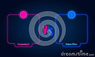 Versus or compare screen with blue neon frames and vs letters. Vector illustration Vector Illustration