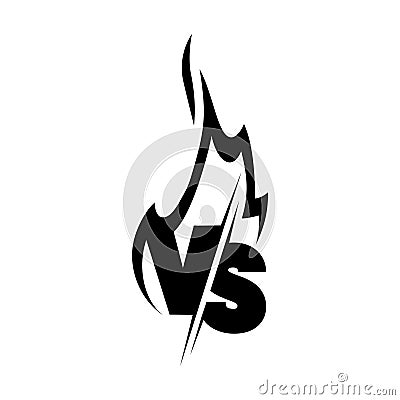 Versus sign surrounded by flames. Black and white symbol. Vector Illustration