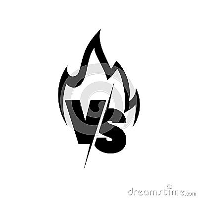 Versus sign surrounded by flames. Black and white symbol. Vector Illustration