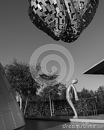 Vertcial grayscale of The Kelpies sculpture "The little man and the big horse" in Falkirk, Scotland Editorial Stock Photo