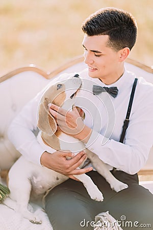 The vertical above portrait of the groom in vintage suit is petting the little dog and sitting on the white sofa in the Stock Photo