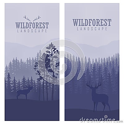 Vertical abstract banners of wild deer in forest with trunks of trees Vector Illustration