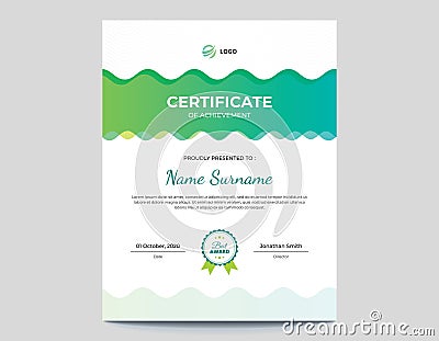 Vertical Abstract Colored Green and Blue Waves Certificate Vector Illustration