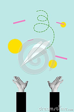 Vertical abstract creative composite 3d photo artwork illustration collage of hands catching paper plane isolated on Cartoon Illustration