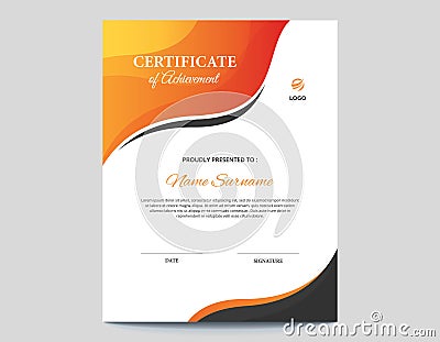 Vertical Abstract Orange and Black Waves Certificate Design Vector Illustration