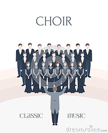 Vertical advertising poster of performance classical choir. Man and woman singers together with conductor. Colorful Vector Illustration