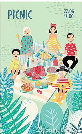 Vertical advertising poster on a picnic theme. Illustration with young trendy people, friends, relax outdoors. Bright Vector Illustration