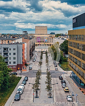 Vertical aerial of the Grand Theater behind a busy street in Lodz, Poland Editorial Stock Photo