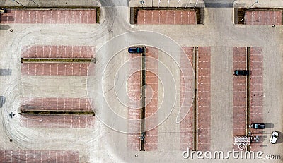 Vertical aerial photo taken from an empty parking lot of a consumer market, abstract aerial view Stock Photo