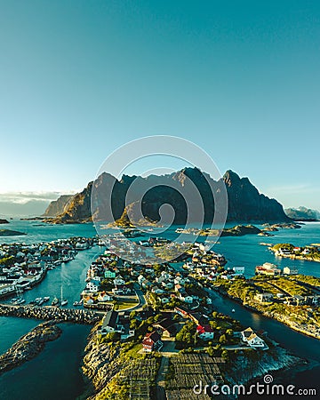 Vertical aerial view of a cityscape on the islands in Henningsvaer, Norway Stock Photo