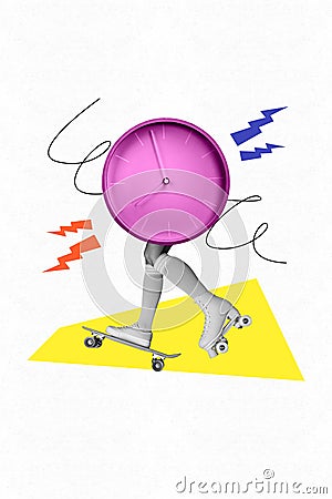 Vertical artwork collage image of headless female riding skateboard and roller blades no free time clock isolated on Stock Photo