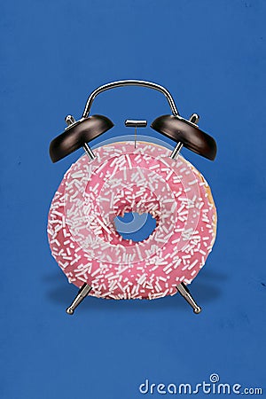 Vertical artwork collage picture of big glazed donut bell ring clock isolated on creative blue background Stock Photo