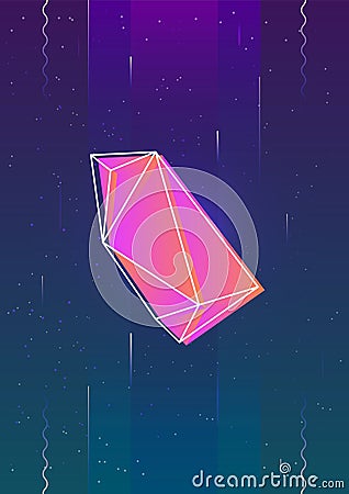 Vertical backdrop with glowing bright colored flying faceted stone or crystal and its outline against outer space with Vector Illustration