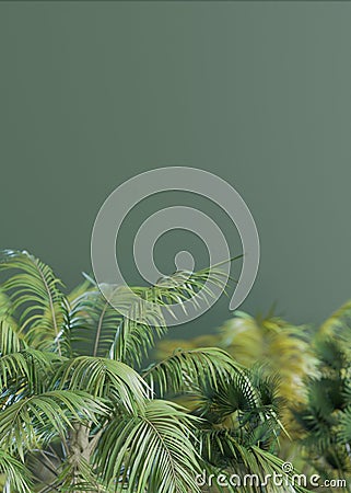 Vertical background with palms and empty space for text. Bottom border with copy space. Realistic palm leaves. 3D Stock Photo