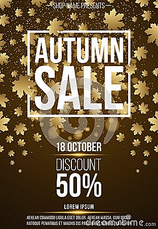 Vertical background, poster for advertising autumn sale. Coupons and discounts. White banner with text. Golden maple leaves. Glare Cartoon Illustration