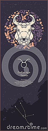 Zodiac sign Taurus. The symbol of the astrological horoscope. Hand-drawn illustration. Vertical banner. Template for Vector Illustration