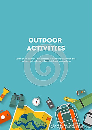 Vertical banner camping and tourism on an outdoor flat Vector Illustration