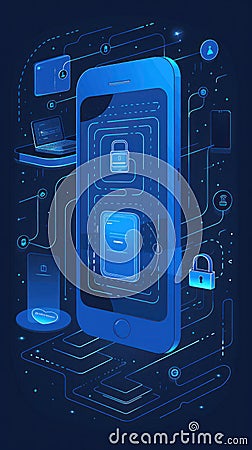 A vertical banner showcasing a streamlined 2FA process, icons of security enveloping a smartphone, emphasizing height Stock Photo
