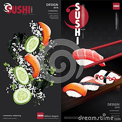 2 Vertical Banner Sushi Restaurant Design Template Vector Illustration