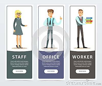 Vertical banners set with people characters in official clothes. Man standing with hand up, woman in gray formal dress Vector Illustration