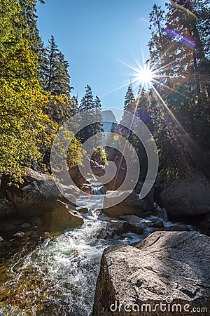 Vertical beautiful shot of the Vernal Falls waterfall of Yosemite National Park in the USA Stock Photo