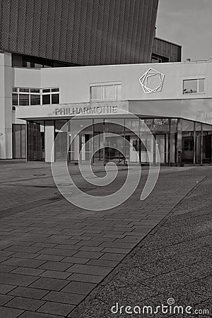 Vertical black and white shot of the entrance of the Berlin Philharmonic Hall Editorial Stock Photo