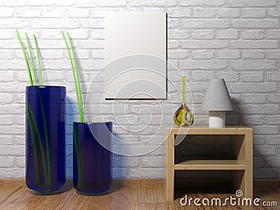 Vertical empty canvas hanging on the wall - 3D rendering Cartoon Illustration