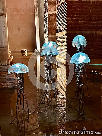 Vertical of blue glowing jellyfish statues in the restored Basilica Cistern, Istanbul, Turkey Editorial Stock Photo