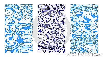 Cartoonish abstract navy background set. Vertical blue rippled water surface, illusion, curvature. Amorphous wavy shapes Vector Illustration