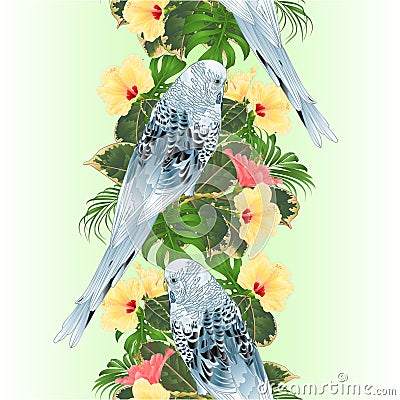 Vertical border seamless background Budgerigar, blue pet parakeet or shell parakeet or budgie home pet with philodendron and hibis Vector Illustration