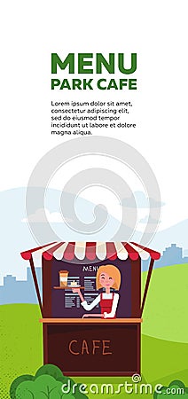 Vertical brochure design for park cafe menu. . Takeaway kiosk with waitress with coffee and burger. Small summer cafe with striped Cartoon Illustration