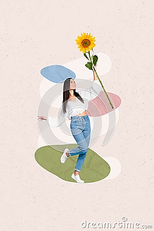 Vertical brochure poster creative pinup pop collage of charming cute lovely lady hold big sunflower rejoice sunny Stock Photo