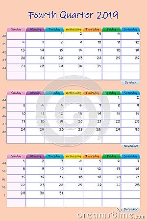 Vertical calendar for fourth quarter of 2019 year in orange color Vector Illustration