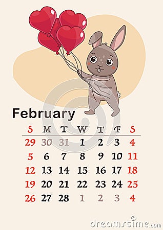 Vertical calendar 2023. Month of February. The hare is holding a bunch of balloons in the shape of a heart. Vector Illustration