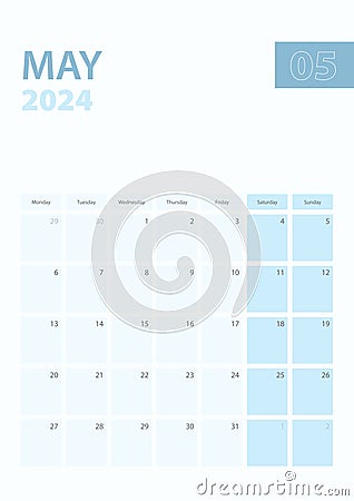 Vertical calendar page of May 2024, Week starts from Monday Vector Illustration