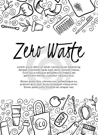 Vertical card with hand drawn Zero Waste objects, curl pattern, lettering and place for text. Eco bag, plant, glass bottle. Vector Vector Illustration
