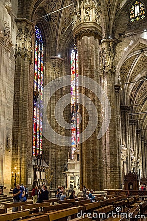 Vertical of Center Nave columns and tile floor inside interior Duomo di Milano Editorial Stock Photo