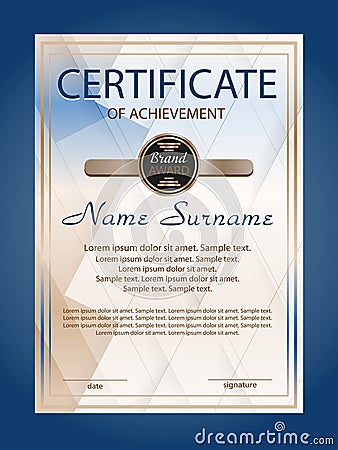 Vertical certificate achievement or diploma template with blue geometric modern background. Vector Vector Illustration