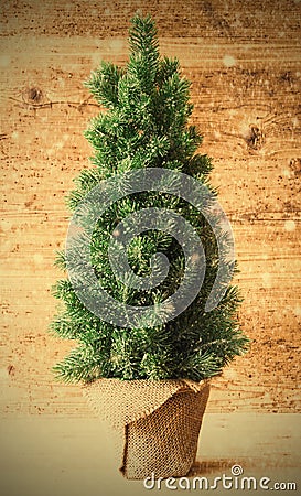 Vertical Christmas Tree, Wooden Background, Instagram Filter, Snowflakes Stock Photo
