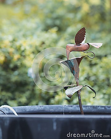 Vertical closeup of a bronze hummingbird on top of a mini water fountain at the Woodlands Garden Editorial Stock Photo