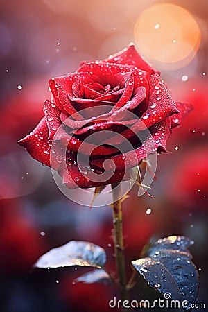 vertical closeup of a gorgeous red rose on blurred dreamy background, Valentine's day or wedding background Stock Photo