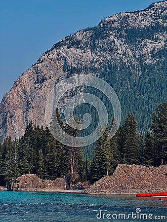 Vertical closeup of a lake, tree, rocky, forested mountain clear sky background Stock Photo