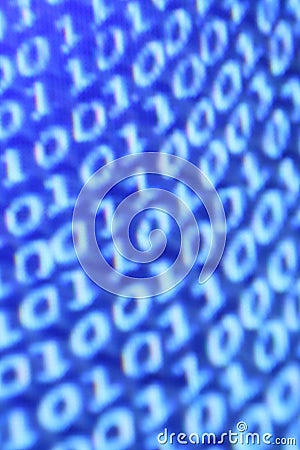 Vertical closeup shot of a blue blurred screen displaying binary codes - a digital concept Stock Photo
