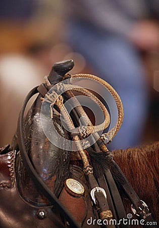 Vertical closeup shot of a bridal hanging over a horse saddle horn Stock Photo